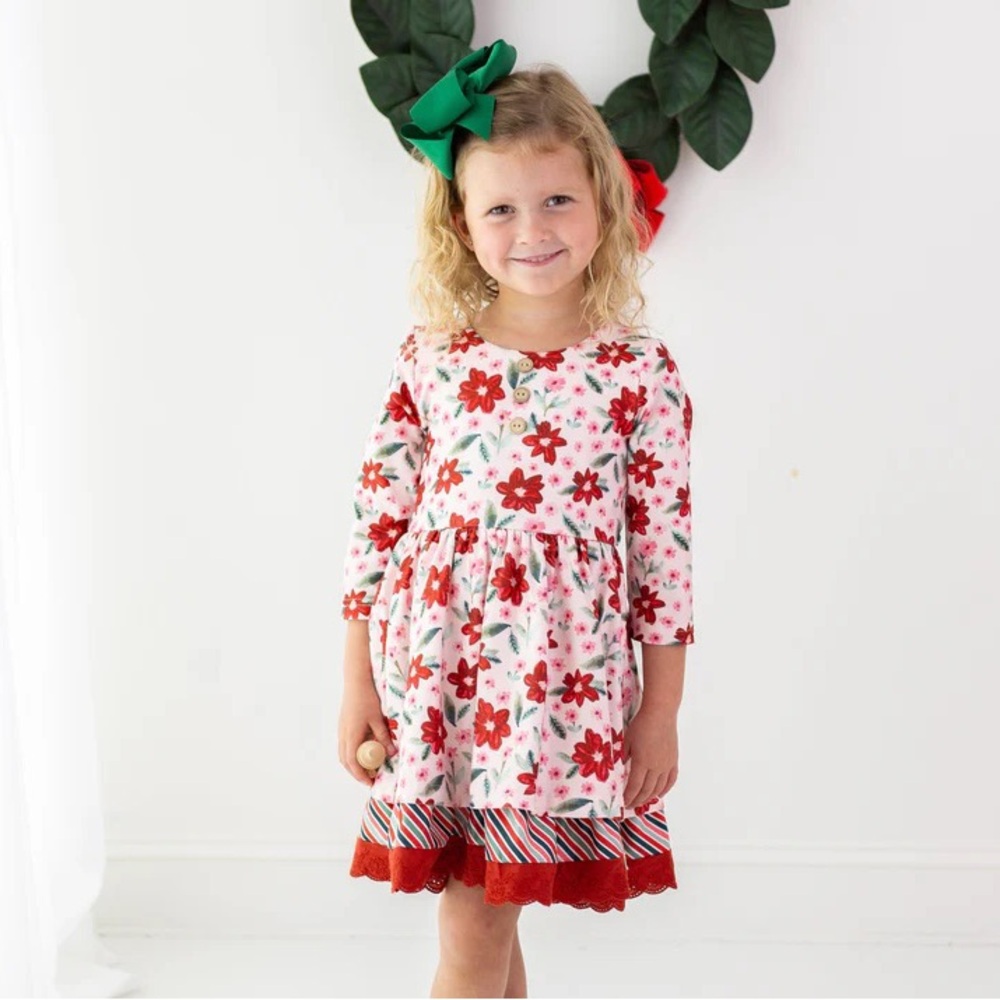 NWT Cheeky Plum Myra Dress 6-12M Poinsettia Parade Red & White Floral - Picture 2 of 12